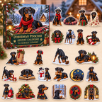 Doberman Pinscher advent calendar box with full set of 24 illustrated acrylic charms on a warm ivory tabletop