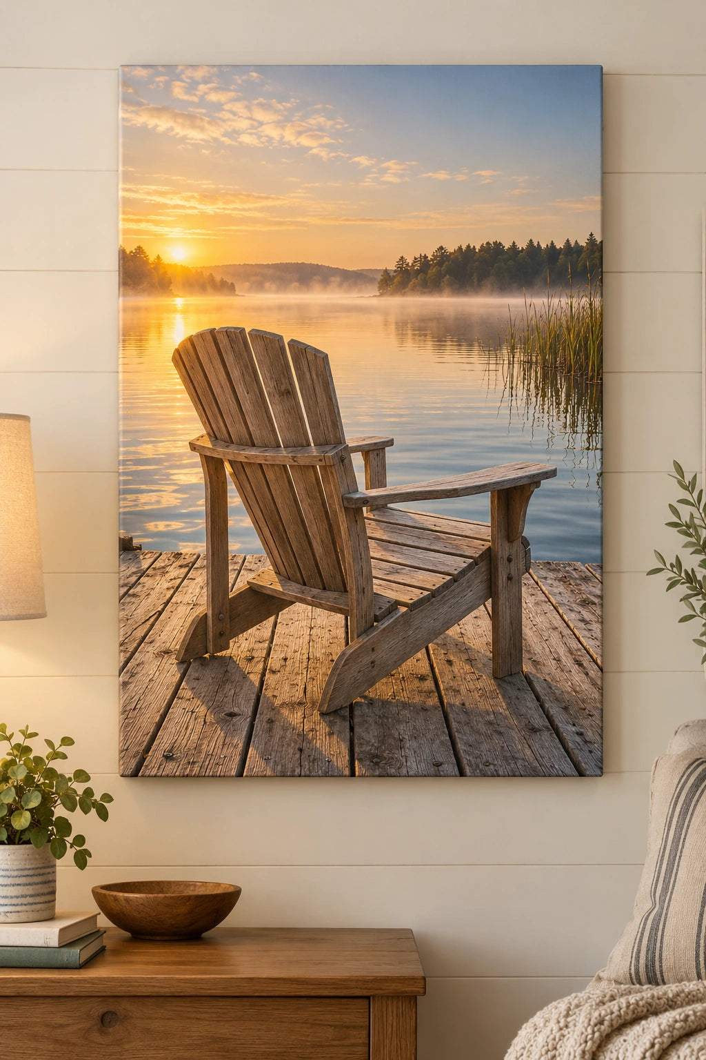 Dock Chair Lakeside Dawn Stretched Canvas with flat printed wooden chair and lake perspective.