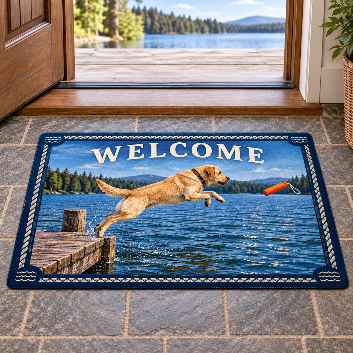 Dock Diving Dog Lake Doormat with original printed 3D artwork