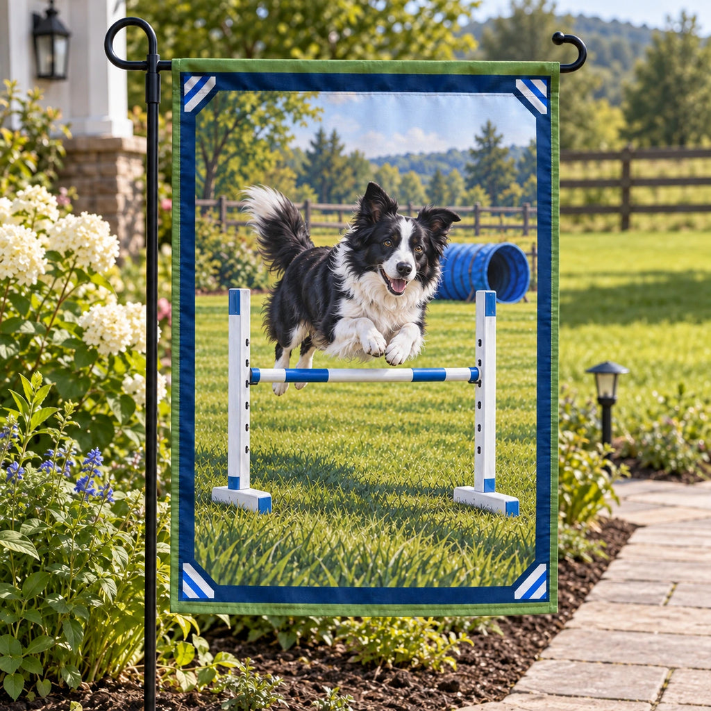 Dog Agility Meadow Jump Garden Flag with original printed optical 3D artwork