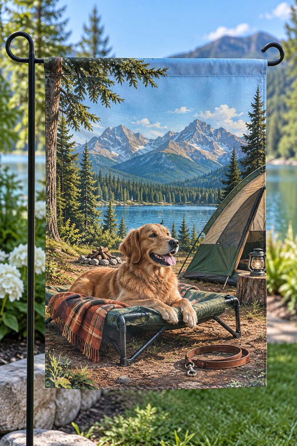 Dog-friendly Camping Mountain Pass Garden Flag with printed dimensional artwork