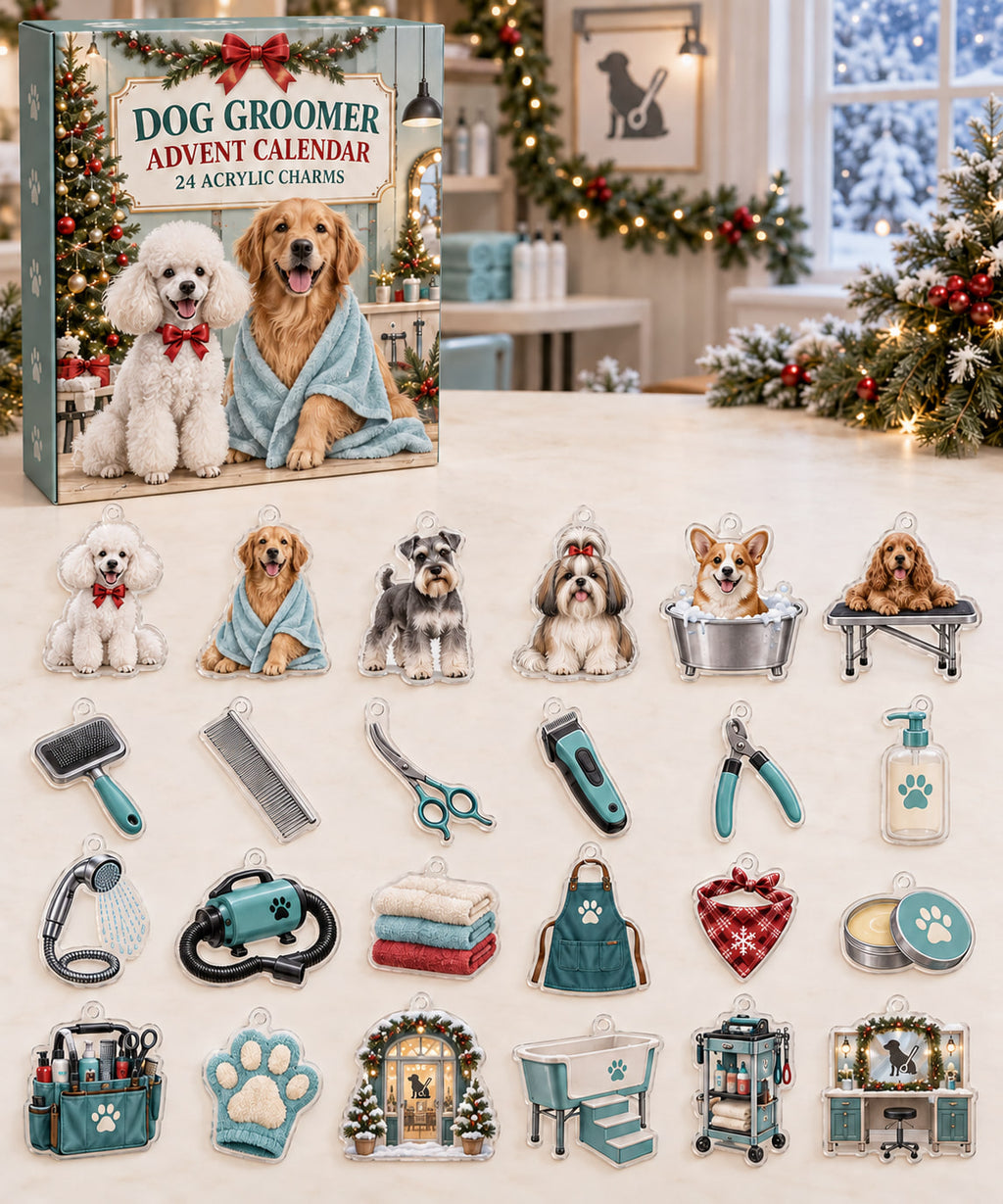 Dog groomer advent calendar with24 flat custom-shaped acrylic charms featuring printed depth