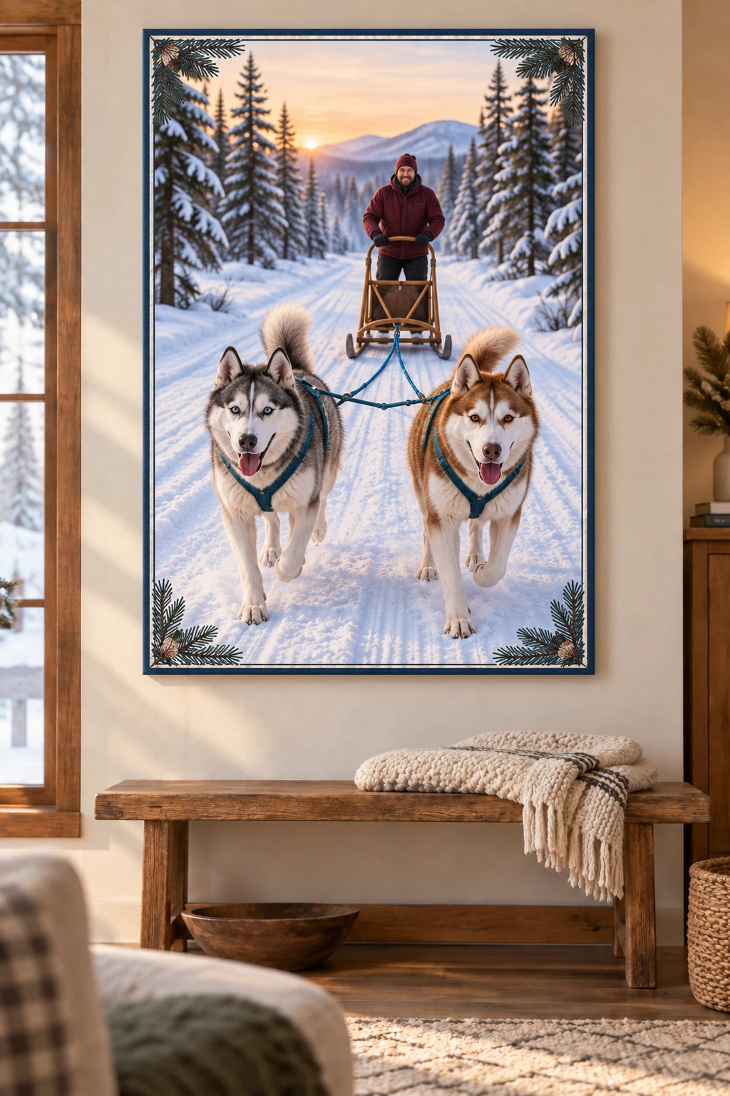 Dog Sled Forest Trail Stretched Canvas Wall Art with original printed optical 3D artwork