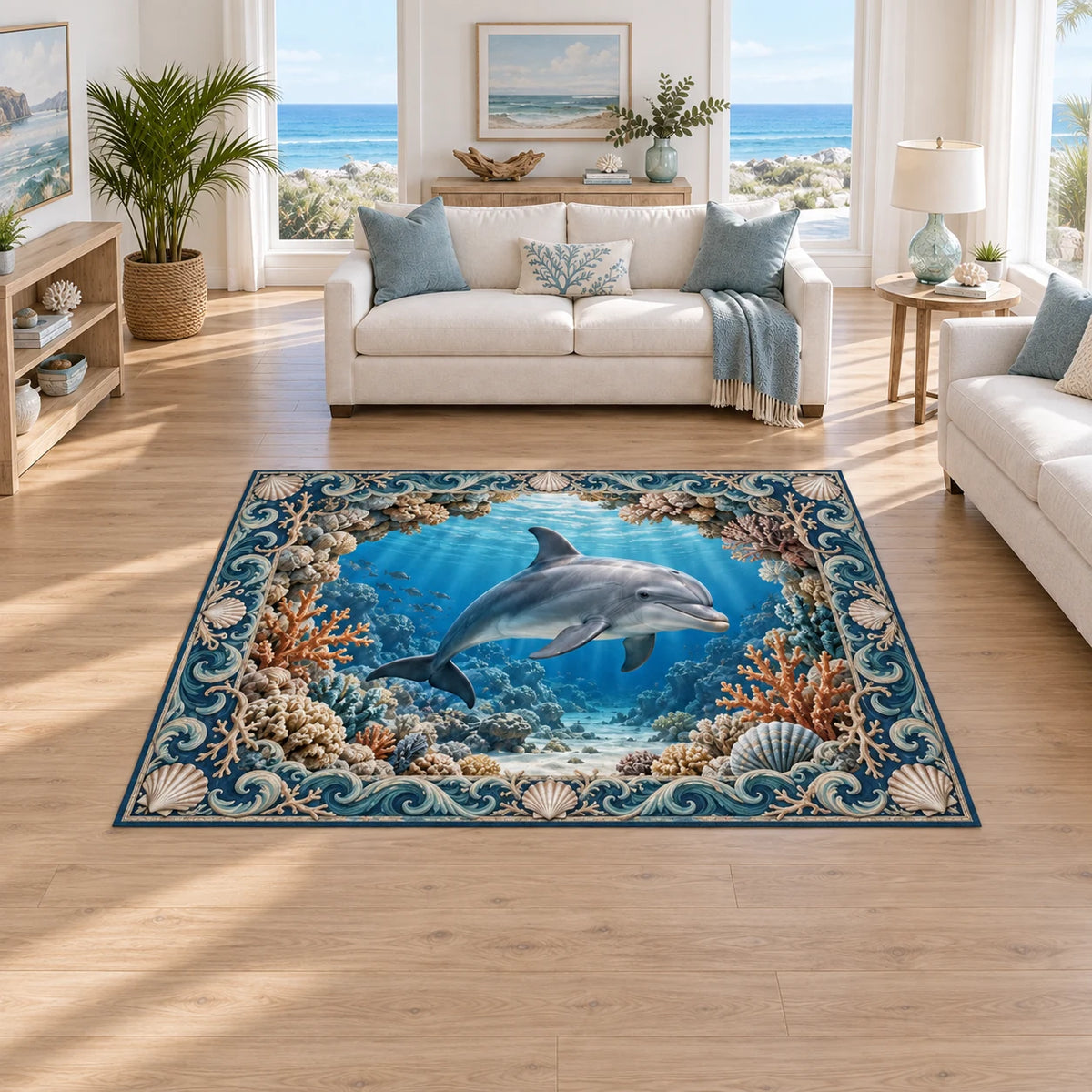 Dolphin area rug with coral arch, deep blue underwater perspective and matching coastal room