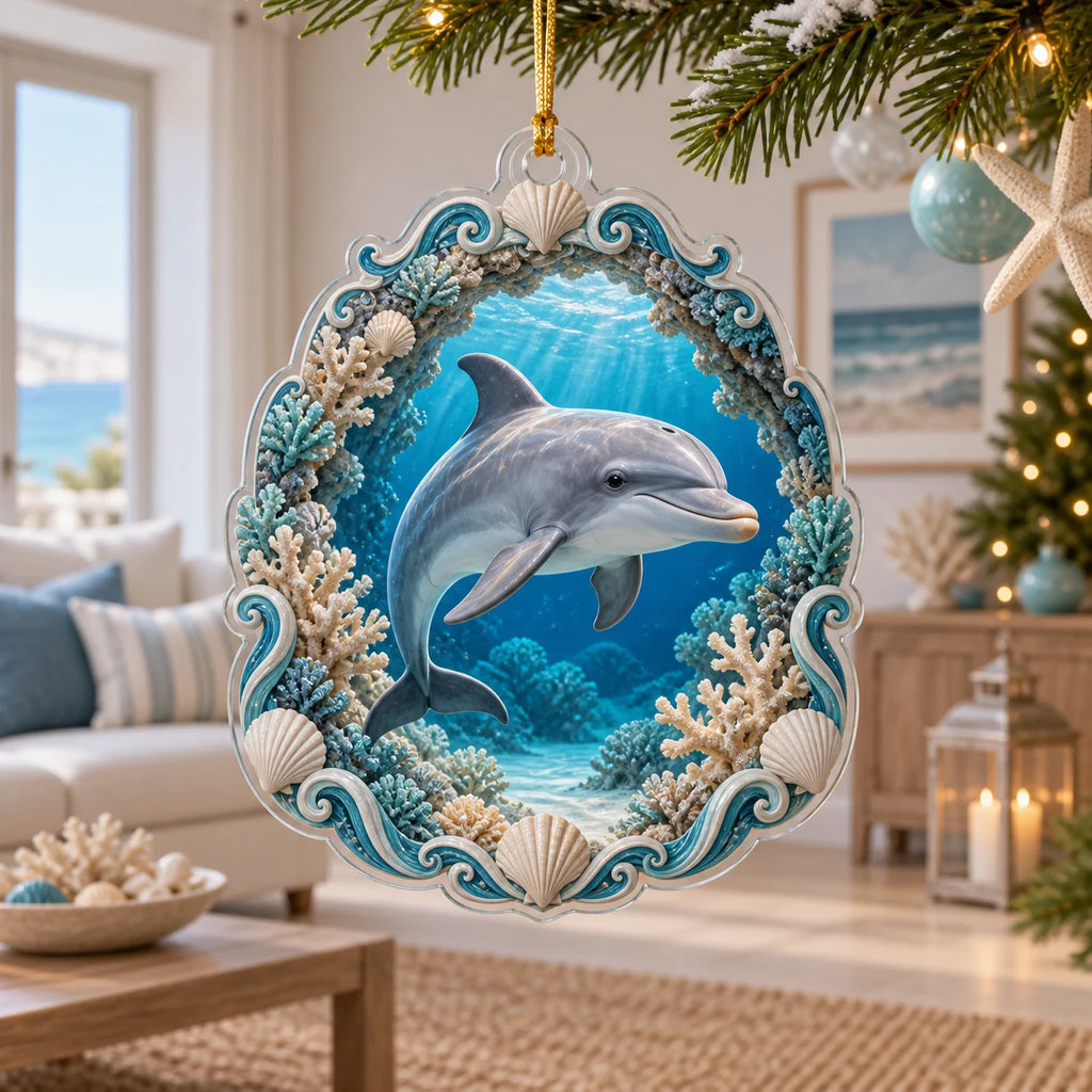 Dolphin christmas ornament with coral arch, deep blue underwater perspective and matching coastal room