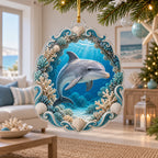 Dolphin christmas ornament with coral arch, deep blue underwater perspective and matching coastal room