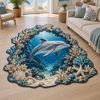Dolphin custom shape area rug with coral arch, deep blue underwater perspective and matching coastal room