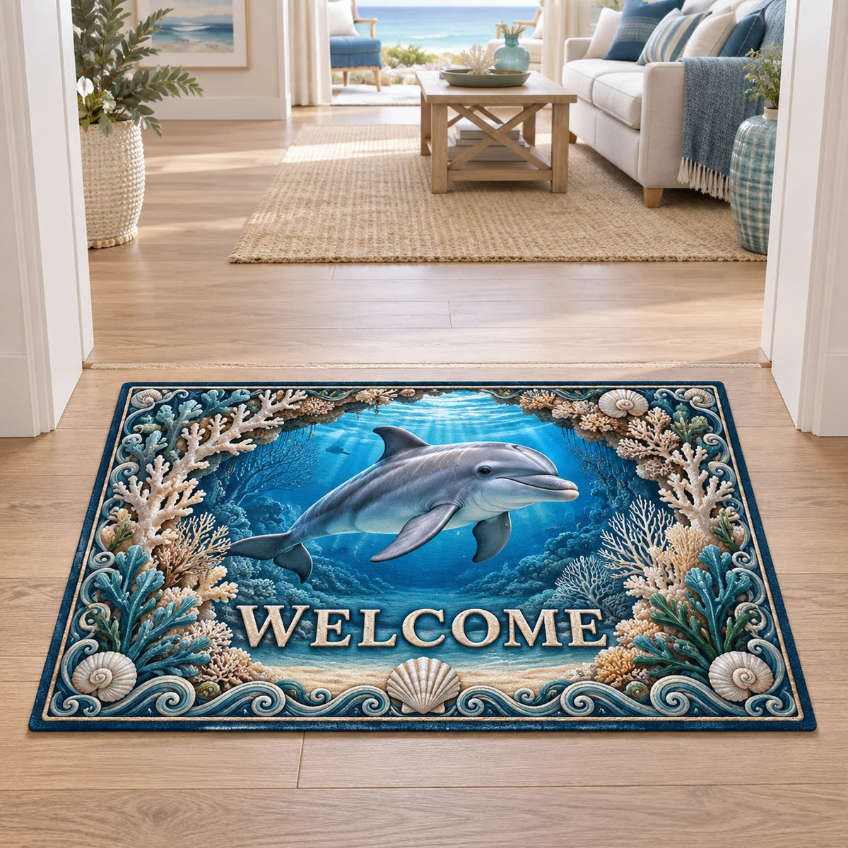 Dolphin doormat with coral arch, deep blue underwater perspective and matching coastal room