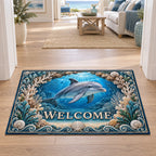 Dolphin doormat with coral arch, deep blue underwater perspective and matching coastal room