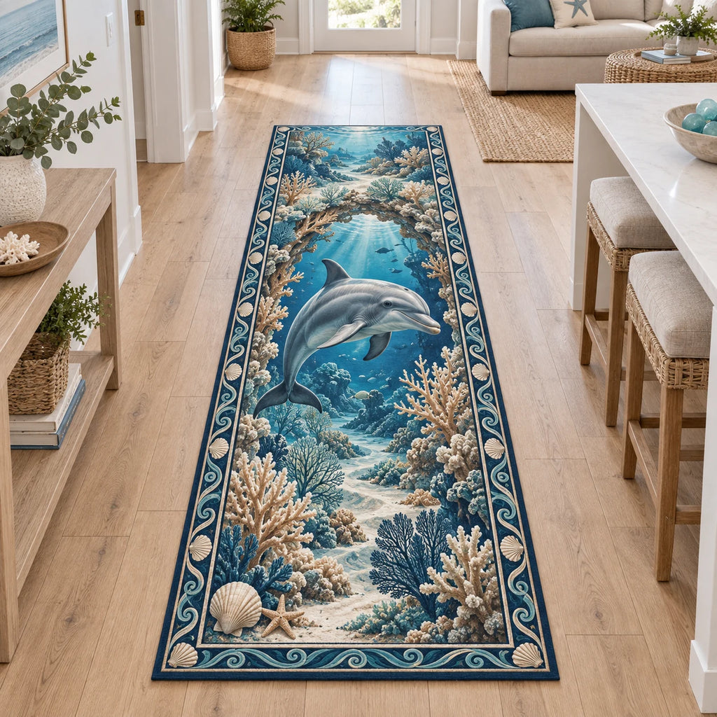 Dolphin runner rug with coral arch, deep blue underwater perspective and matching coastal room