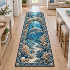 Dolphin runner rug with coral arch, deep blue underwater perspective and matching coastal room