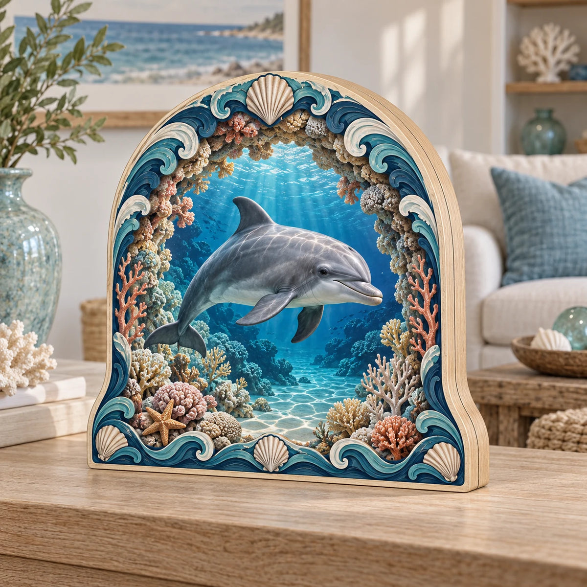 Dolphin wooden block 3 layer with coral arch, deep blue underwater perspective and matching coastal room