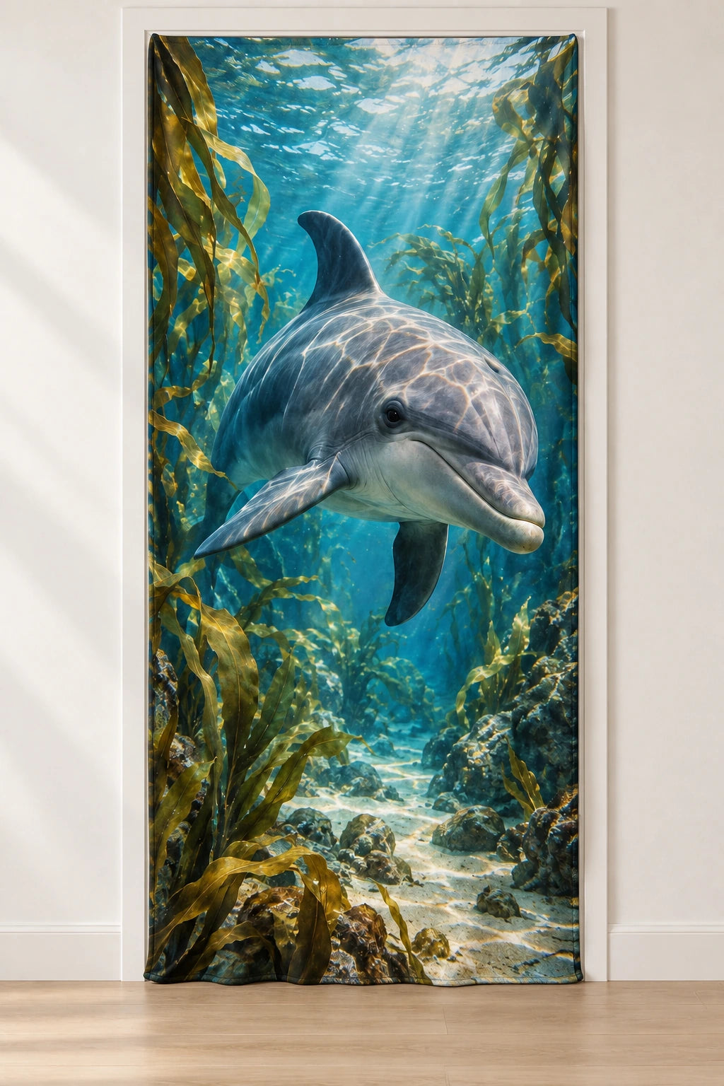 Dolphin Kelp Garden Fabric Door Cover with printed dimensional artwork