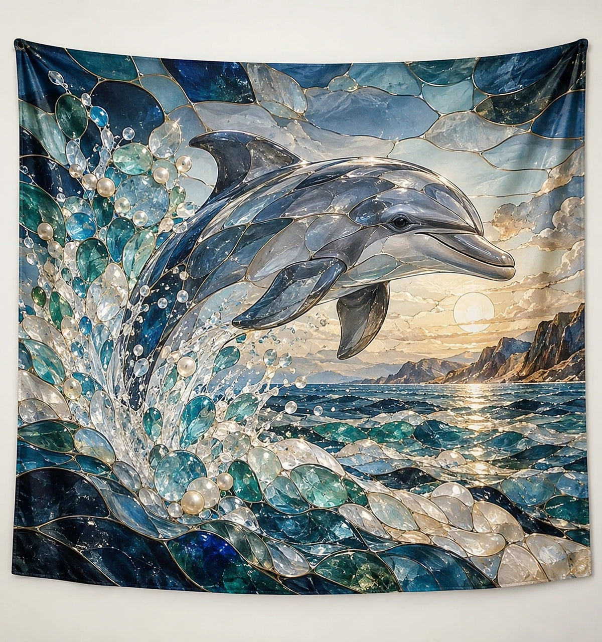 Dolphin Sea Glass Mosaic Wall Tapestry with printed dimensional artwork