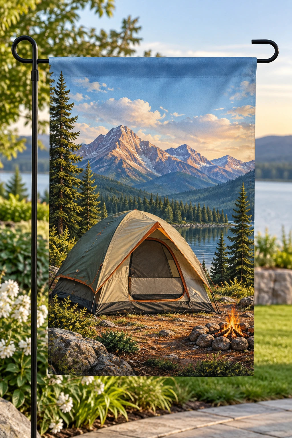 Dome Tent Mountain Pass Garden Flag with printed dimensional artwork
