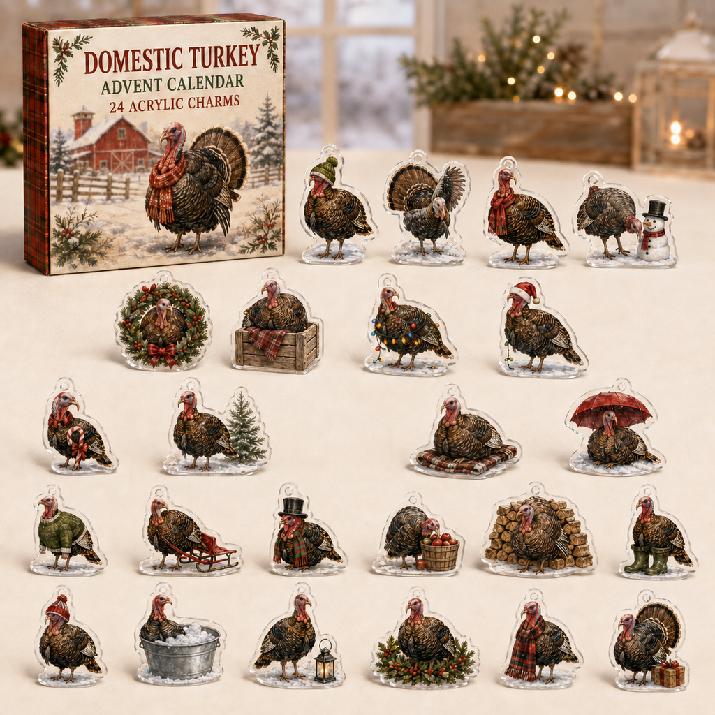 Domestic Turkey advent calendar box and full set of 24 illustrated acrylic charms on a light tabletop