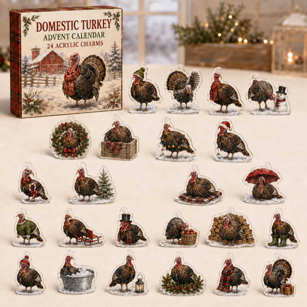 Domestic Turkey advent calendar box and full set of 24 illustrated acrylic charms on a light tabletop