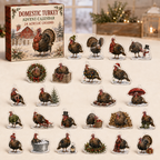 Domestic Turkey advent calendar box and full set of 24 illustrated acrylic charms on a light tabletop