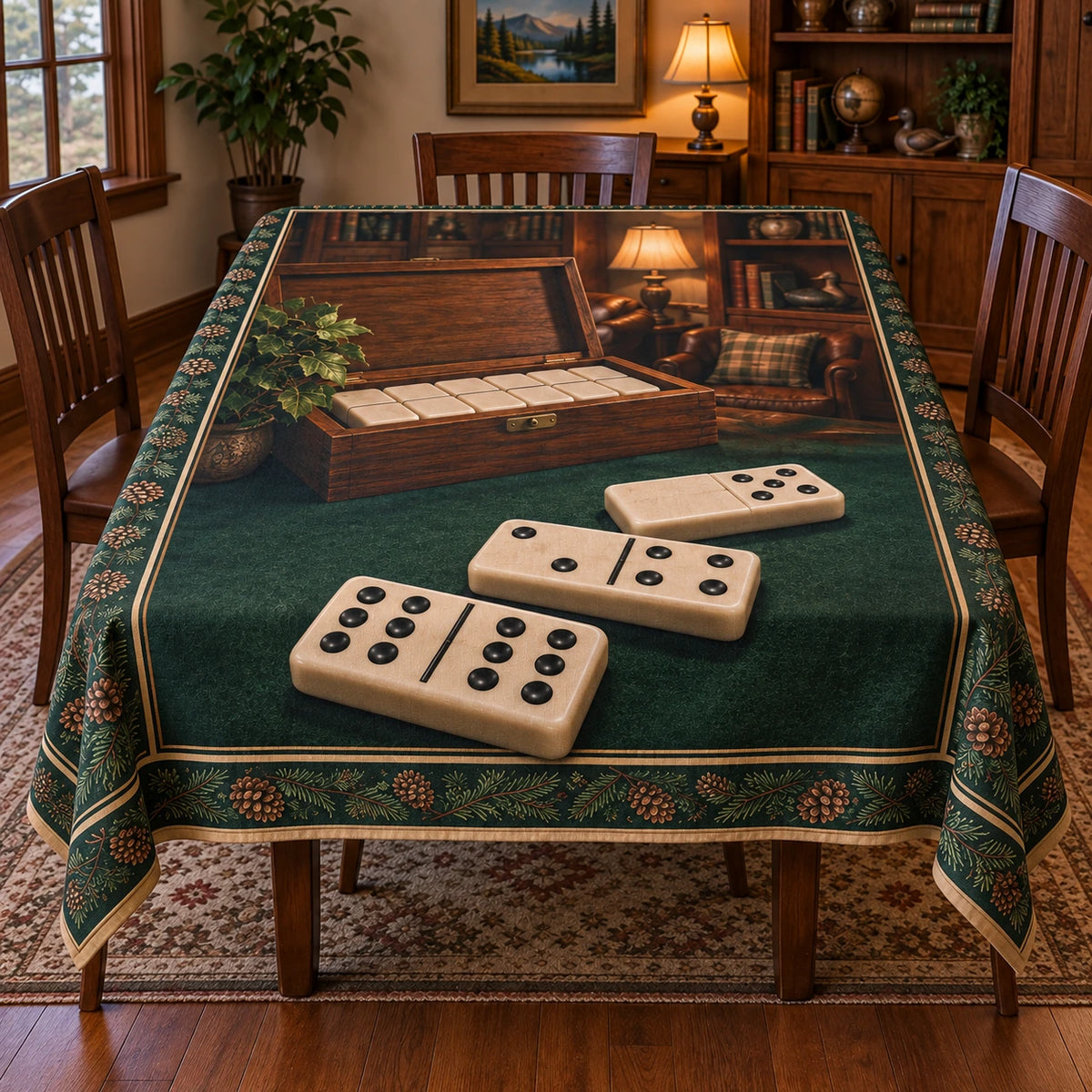 Dominoes Game Night Tablecloth with original printed optical 3D artwork