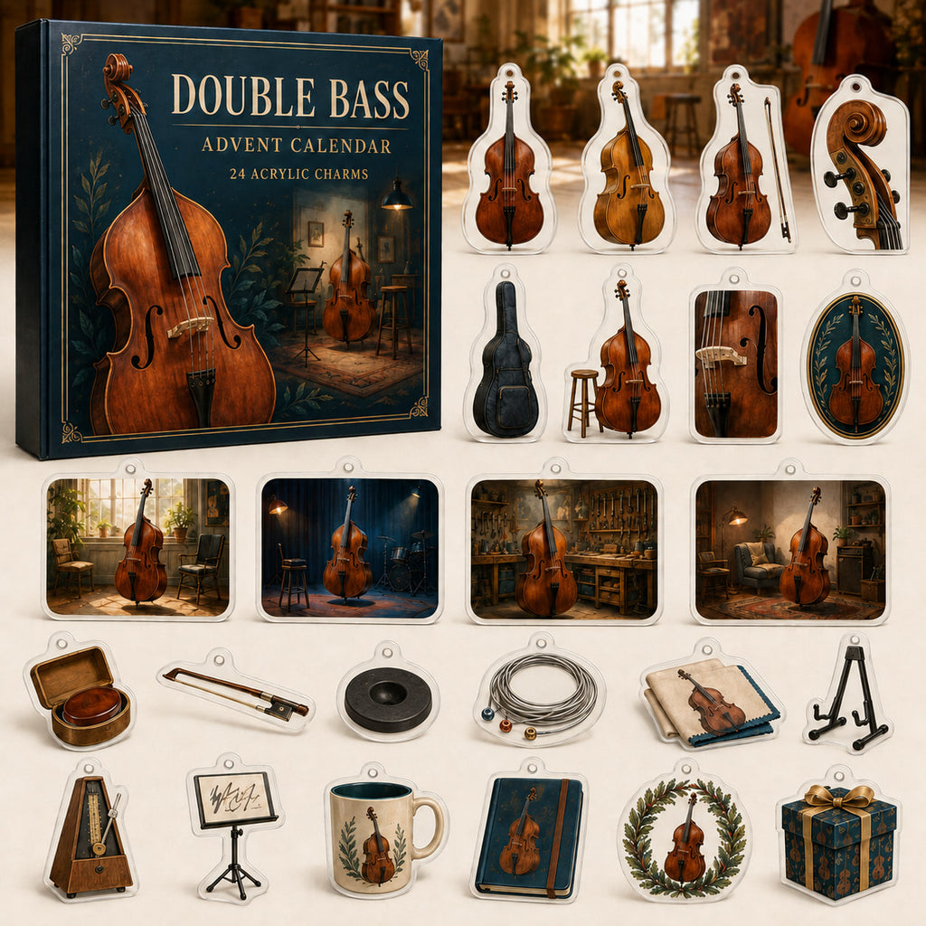 Double Bass advent calendar box with24 printed acrylic instrument and music-themed charms