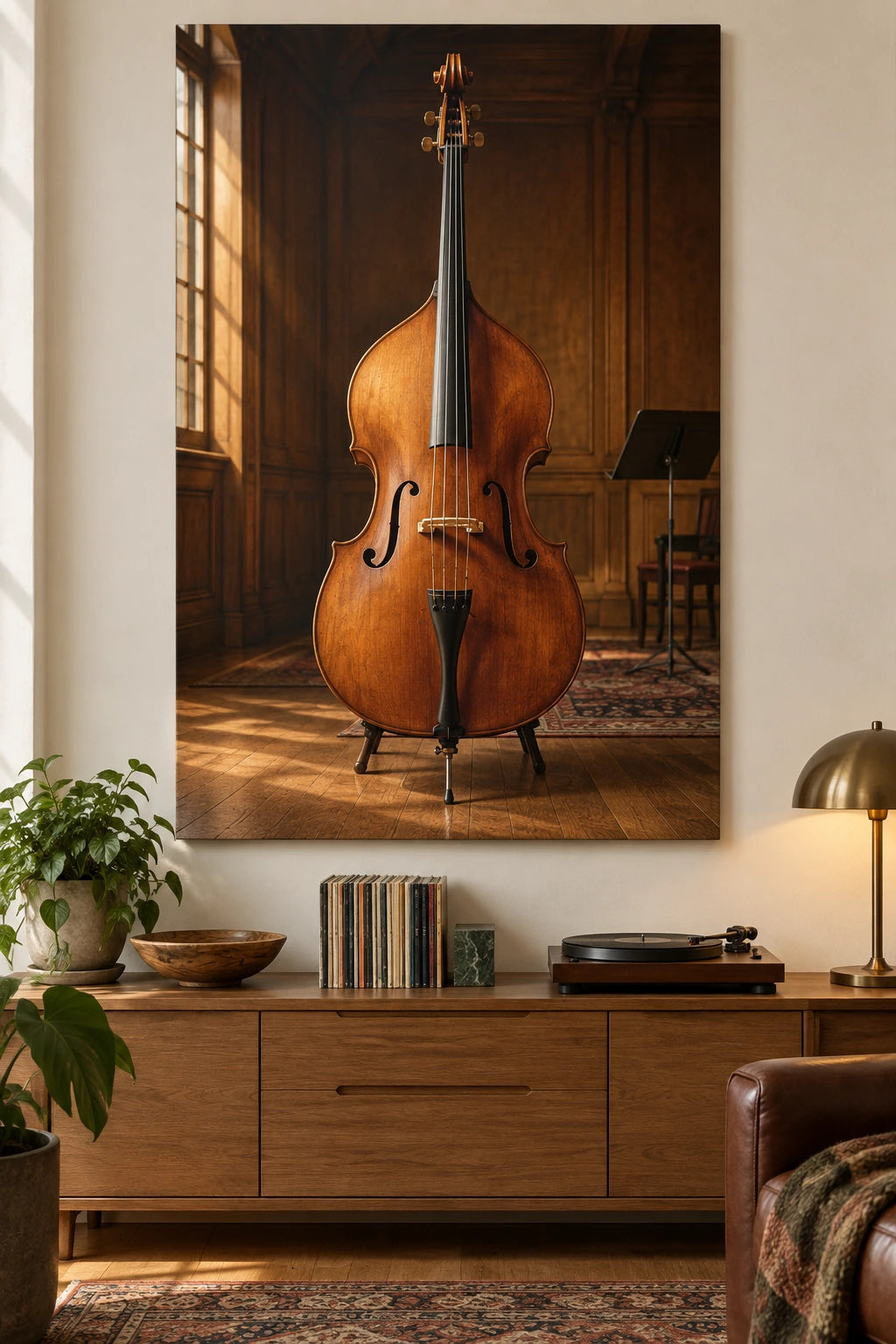 Double Bass Recital Studio Stretched Canvas with flat printed upright bass and warm acoustic room depth.