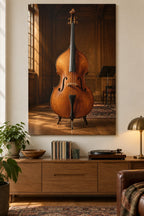 Double Bass Recital Studio Stretched Canvas with flat printed upright bass and warm acoustic room depth.