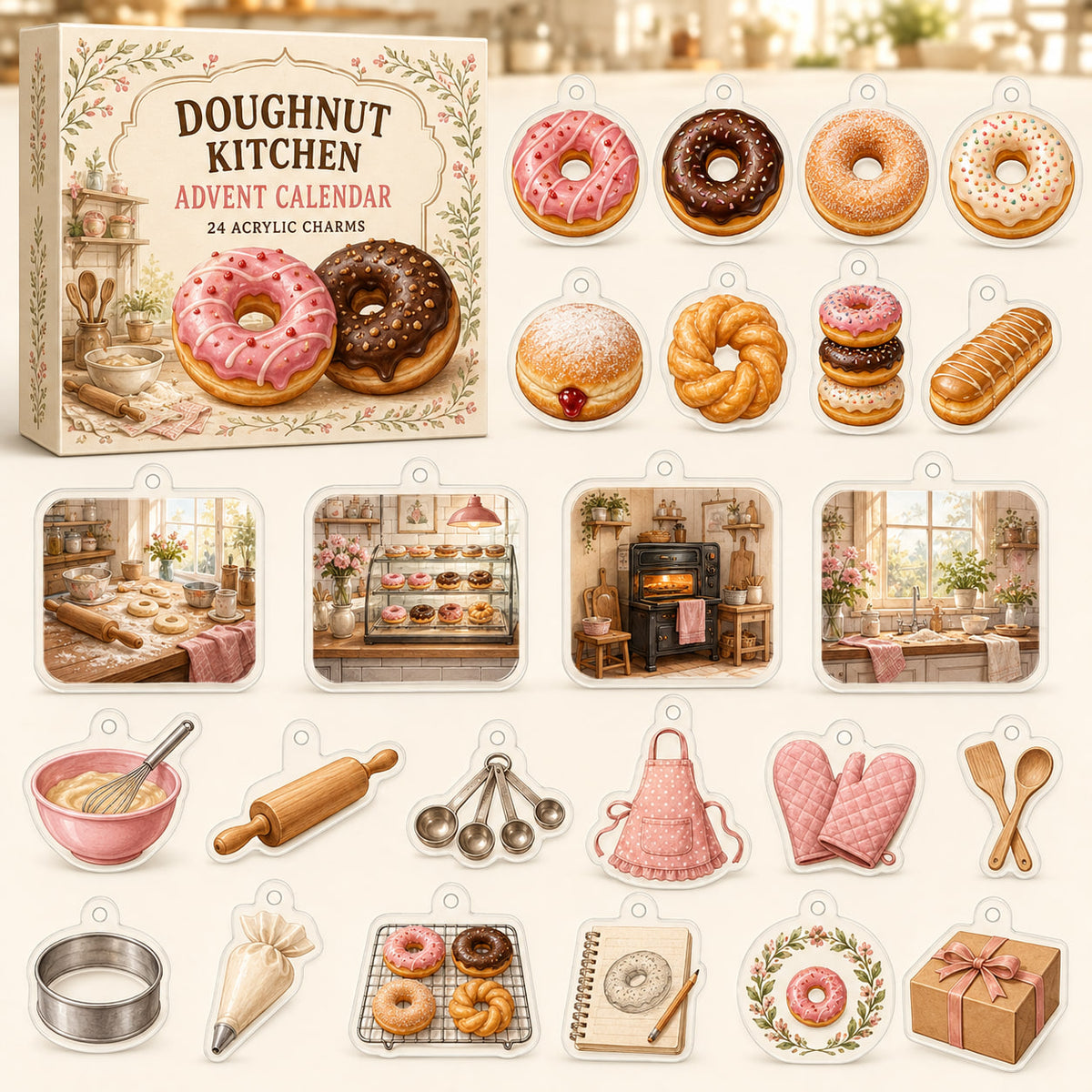 Doughnut Making advent calendar box and 24 printed acrylic bakery charms
