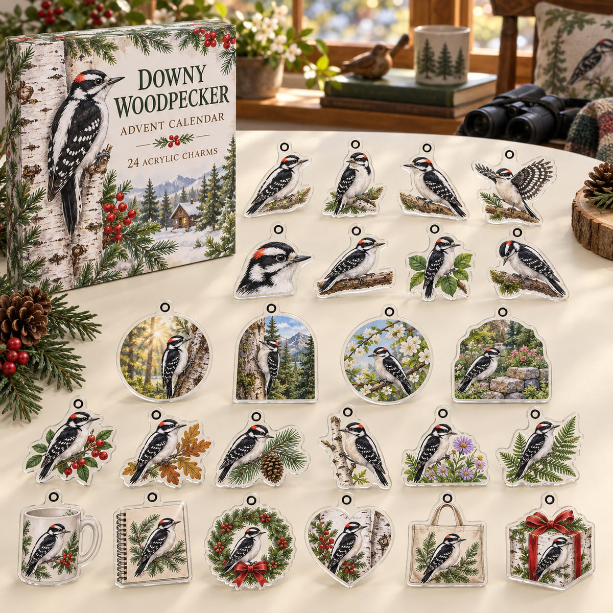 Downy Woodpecker advent calendar box with 24 themed flat printed acrylic charms