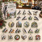 Downy Woodpecker advent calendar box with 24 themed flat printed acrylic charms