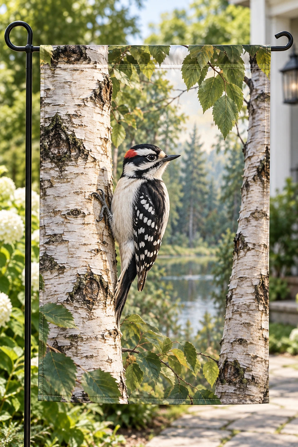 Downy Woodpecker Birch Grove Garden Flag with printed dimensional artwork