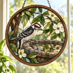 Downy Woodpecker Morning Birdbath Wood & Acrylic Suncatcher with printed dimensional artwork