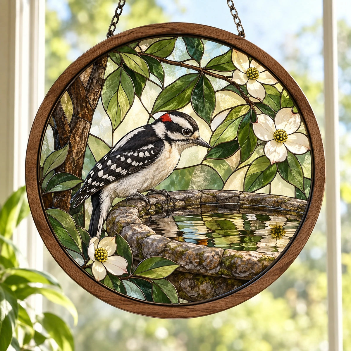 Downy Woodpecker Morning Birdbath Wood & Acrylic Suncatcher with printed dimensional artwork