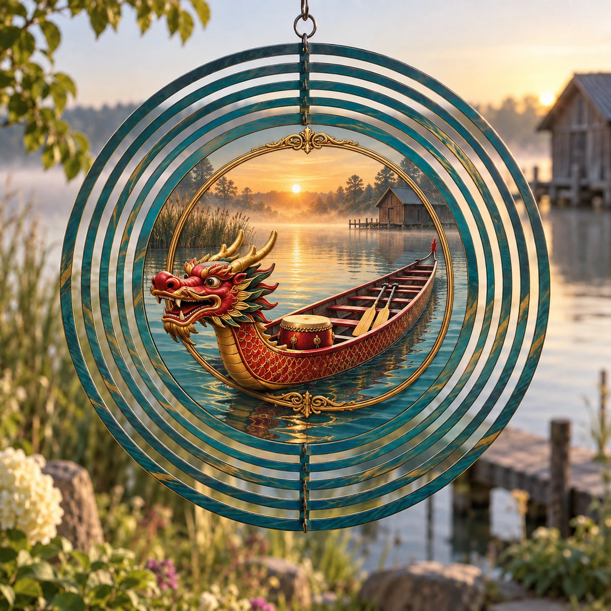 Dragon Boat Lakeside Wind Spinner with original printed optical 3D artwork