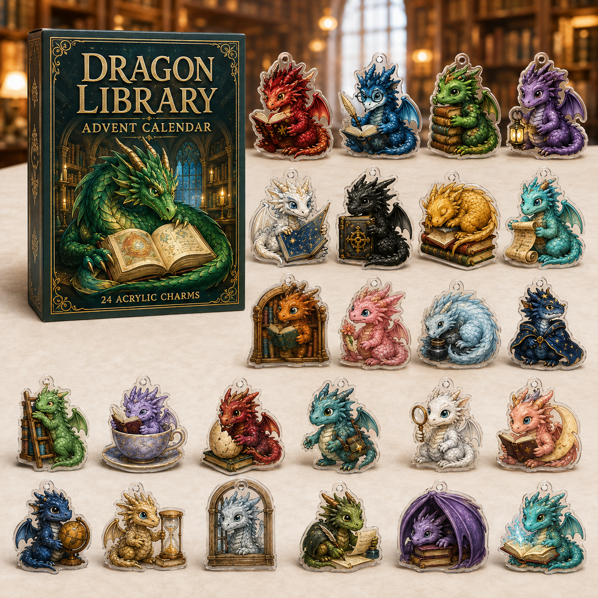 Dragon Library advent calendar gift box with 24 illustrated acrylic charms arranged on a light tabletop