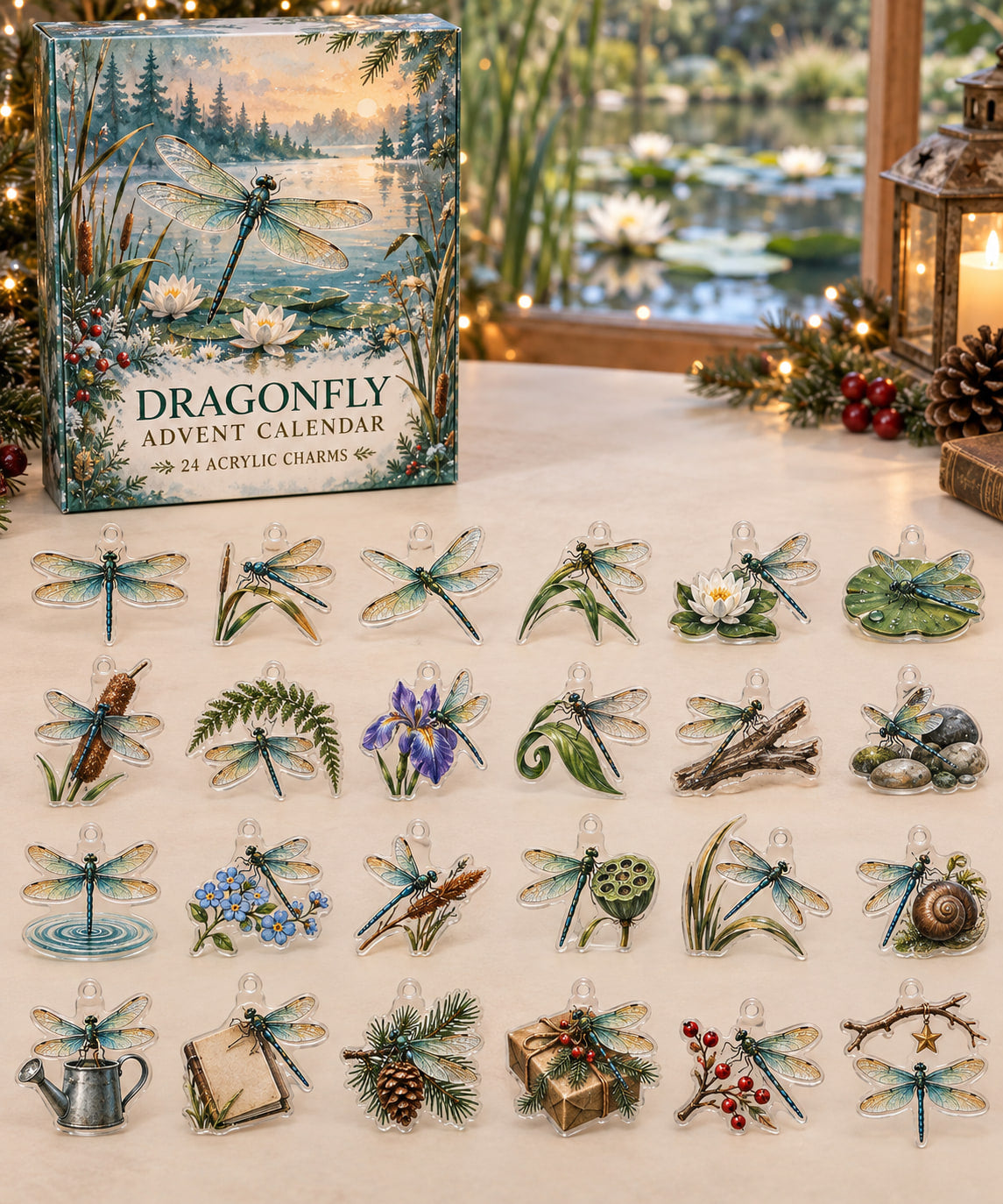 Dragonfly advent calendar with 24 custom-shaped flat acrylic charms and printed dimensional artwork