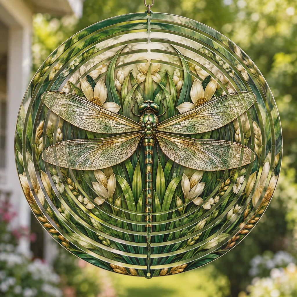 Dragonfly Meadow Portal Wind Spinner with printed dimensional artwork