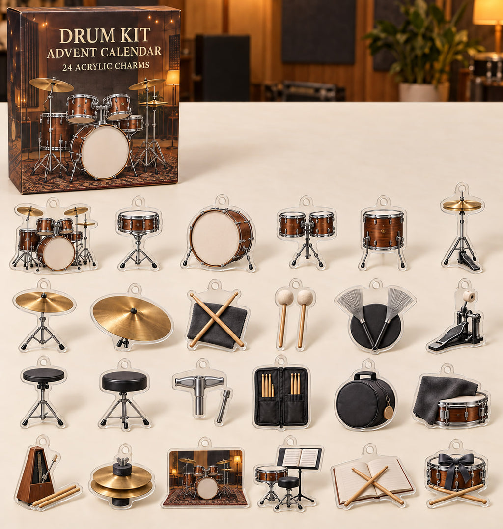Drum Kit advent calendar with 24 custom-shaped flat acrylic charms and printed dimensional artwork