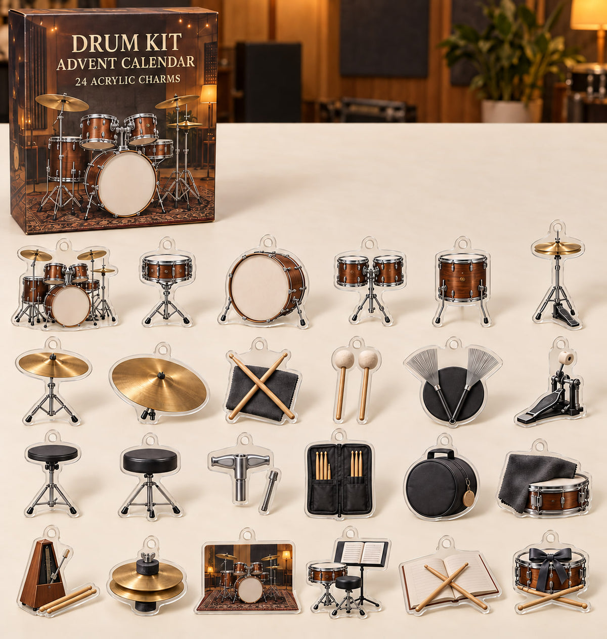Drum Kit advent calendar with 24 custom-shaped flat acrylic charms and printed dimensional artwork
