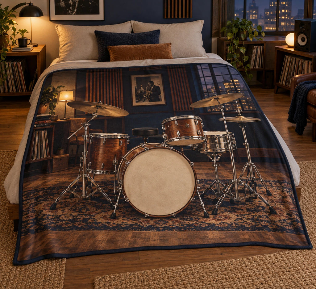 Walnut drum kit in evening music studio, flat printed fleece throw blanket.