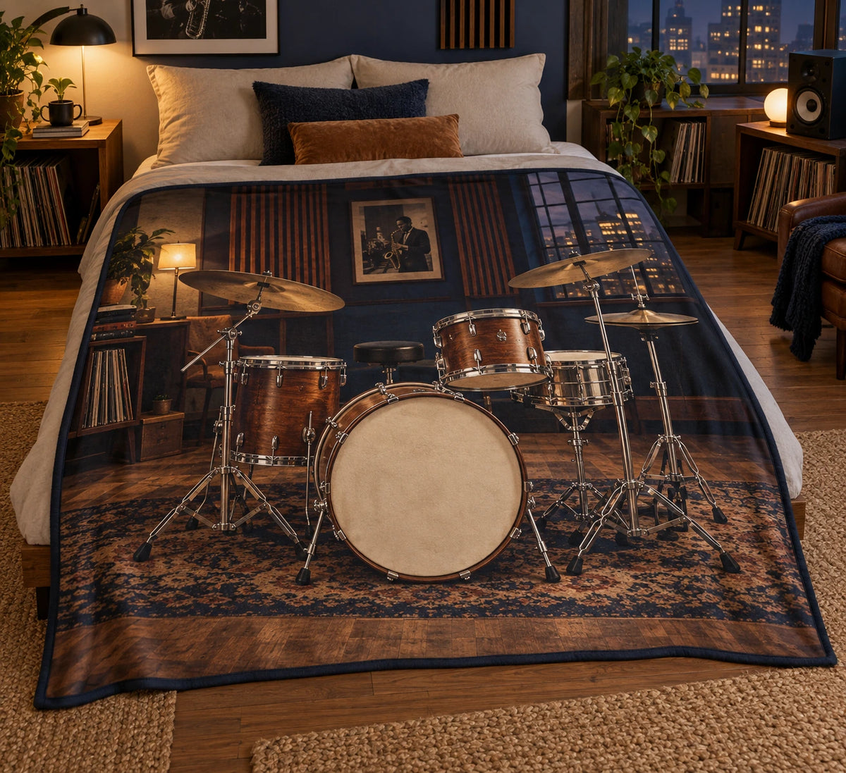 Walnut drum kit in evening music studio, flat printed fleece throw blanket.