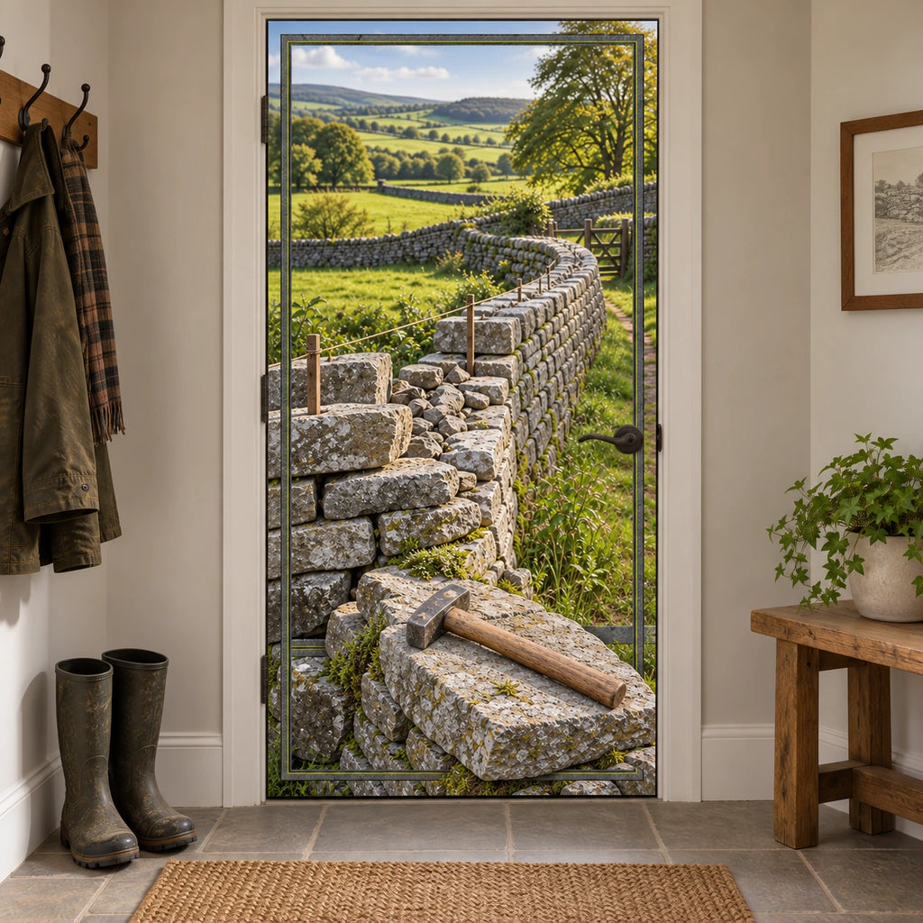 Dry Stone Walling Garden Fabric Door Cover with original printed optical 3D artwork