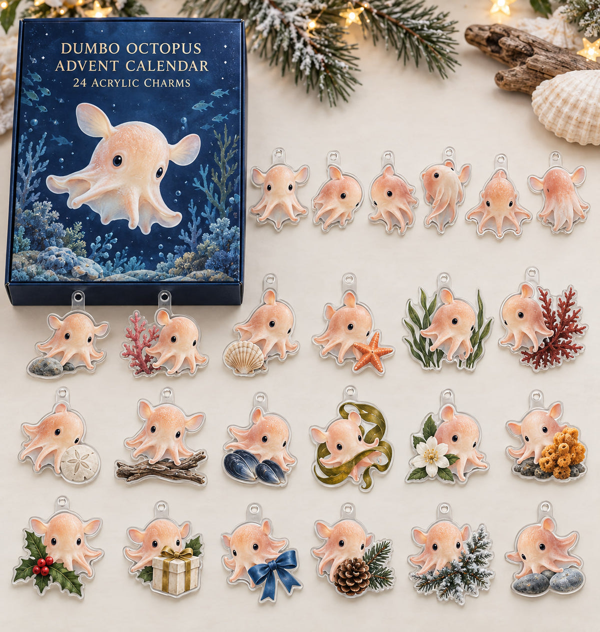 Dumbo Octopus advent calendar with 24 custom-shaped flat acrylic charms and printed dimensional artwork