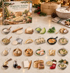 Dumpling Making advent calendar with 24 custom-shaped flat acrylic charms and printed dimensional artwork