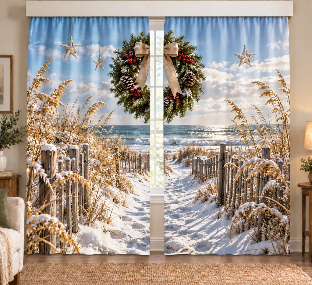 Dune Path Coastal Christmas Window Curtain Pair with printed dimensional coastal artwork