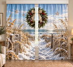 Dune Path Coastal Christmas Window Curtain Pair with printed dimensional coastal artwork