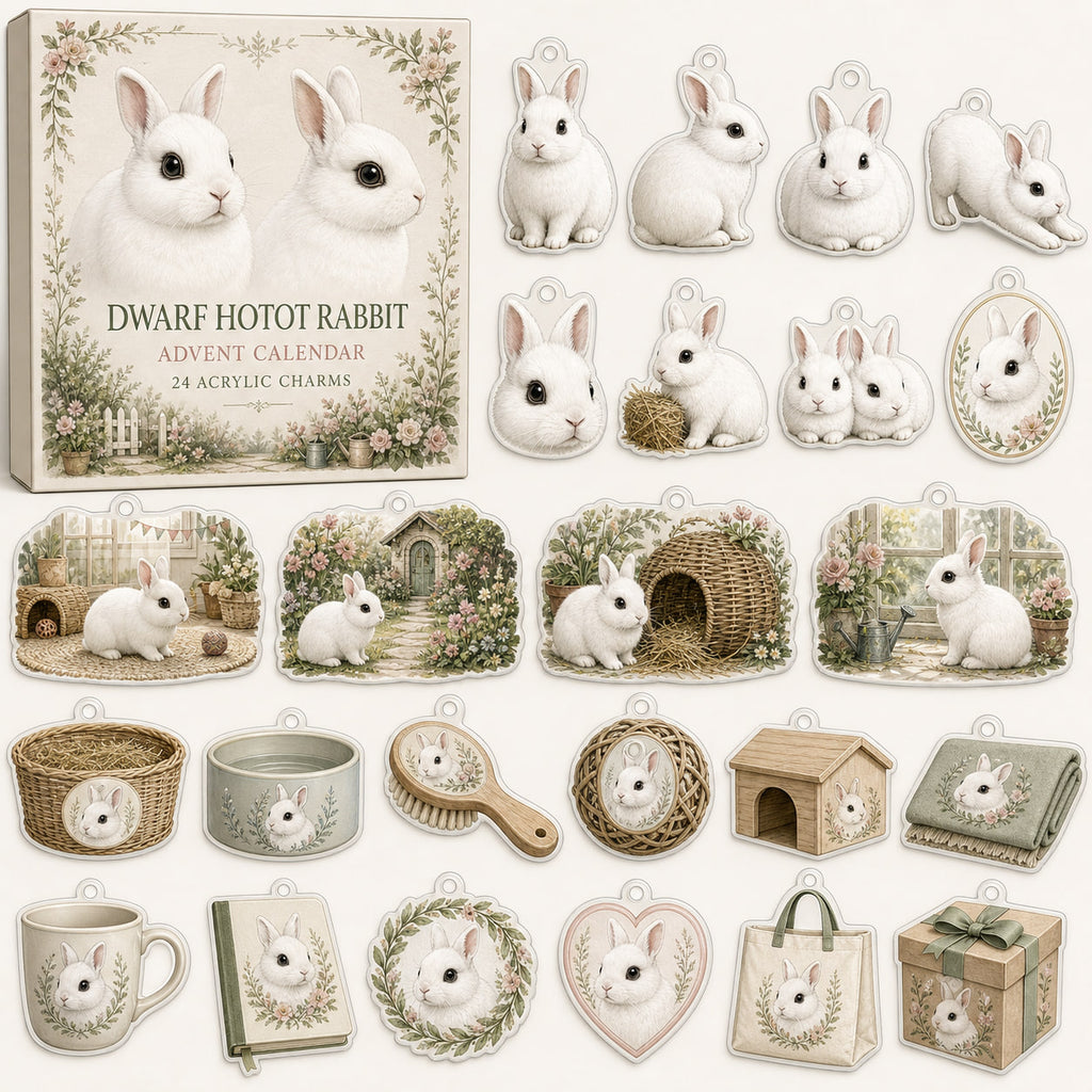 Dwarf Hotot Rabbit advent calendar box with 24 themed printed acrylic charms