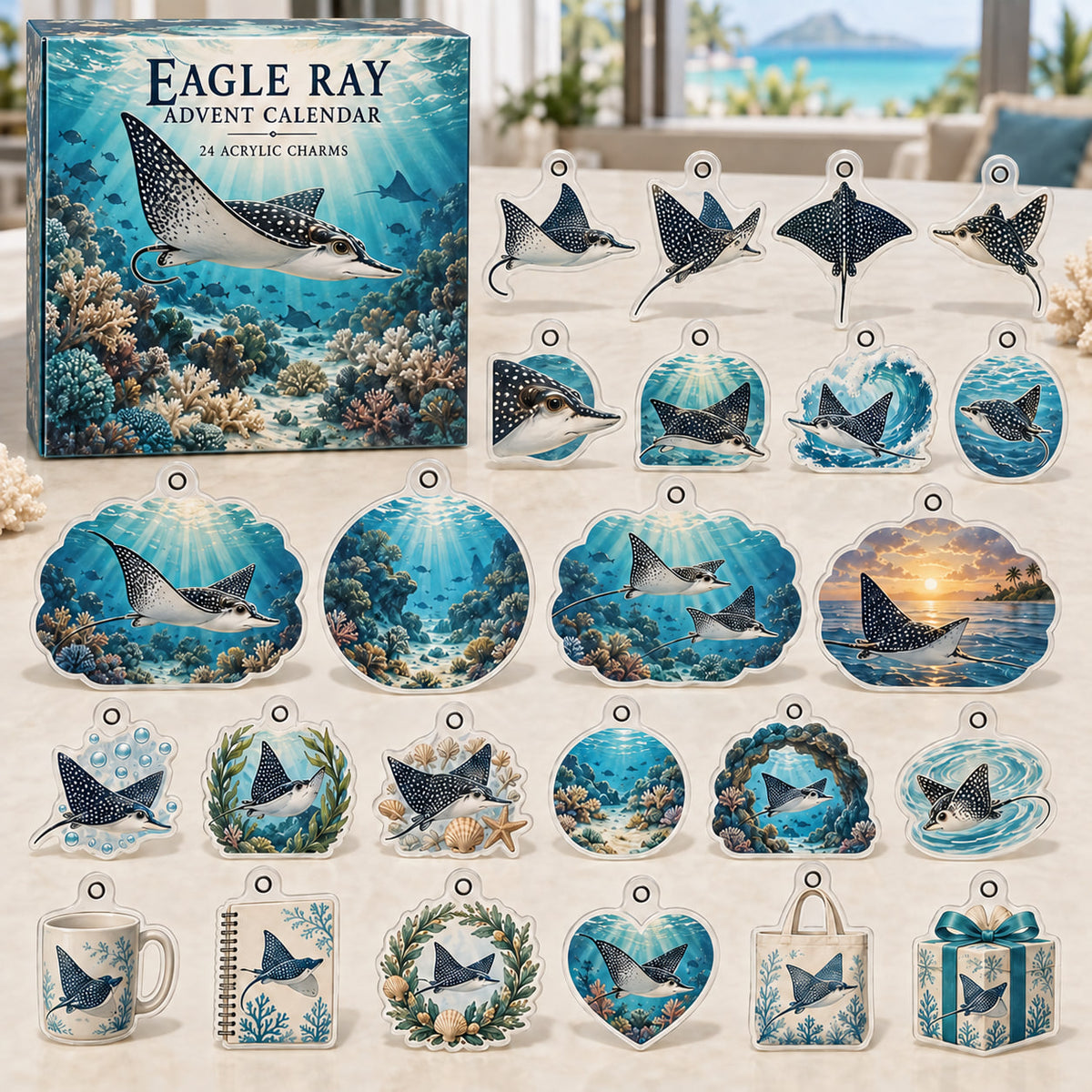 Eagle Ray advent calendar box with 24 themed flat printed acrylic charms