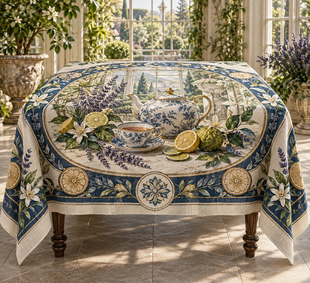 Earl Grey Ritual Botanical Circle Tablecloth with printed dimensional artwork