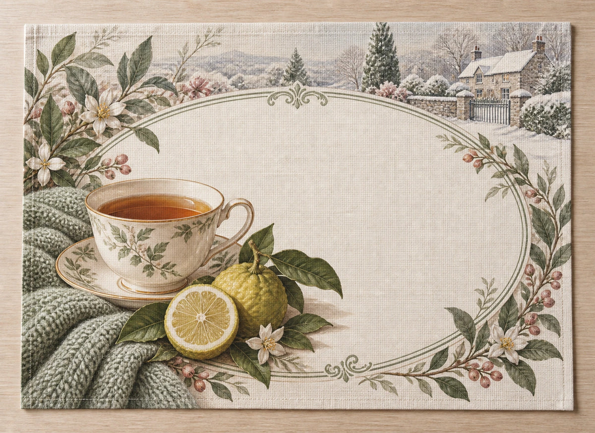 Earl Grey Ritual Winter Warmth Placemat with flat printed dimensional tea artwork