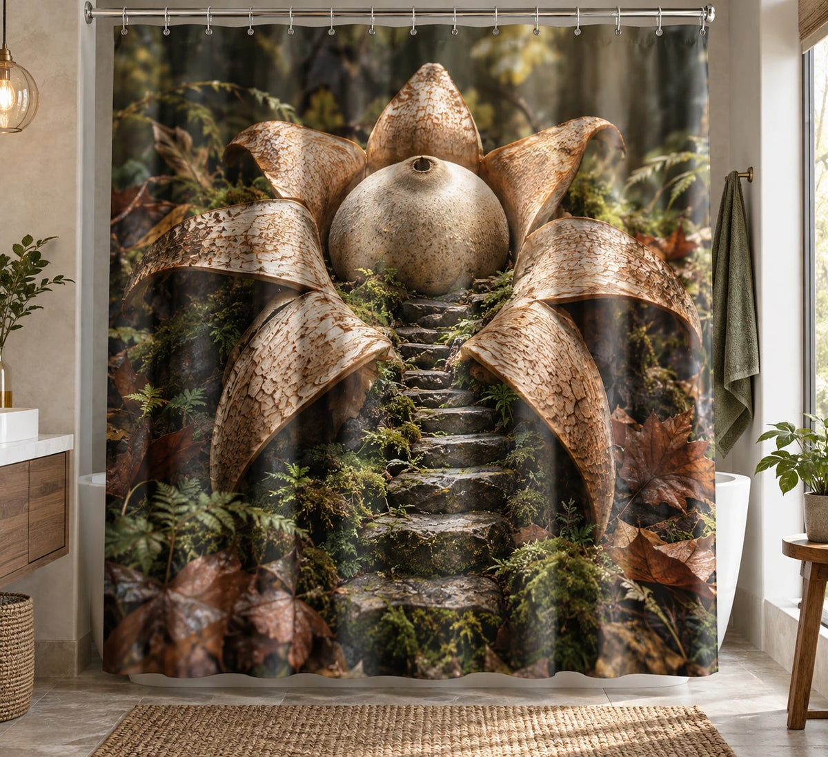 Earthstar Moss Stairway Shower Curtain with printed dimensional artwork